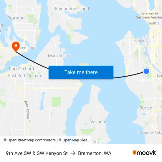 9th Ave SW & SW Kenyon St to Bremerton, WA map
