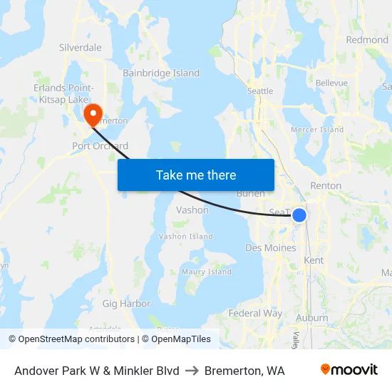 Andover Park W & Minkler Blvd to Bremerton, WA map