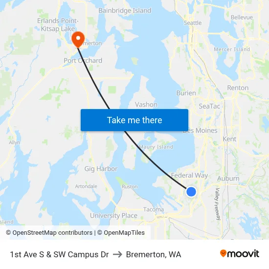 1st Ave S & SW Campus Dr to Bremerton, WA map