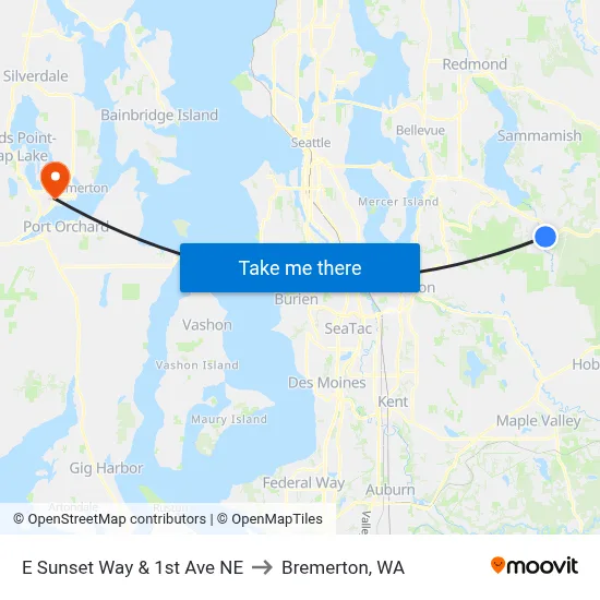 E Sunset Way & 1st Ave NE to Bremerton, WA map
