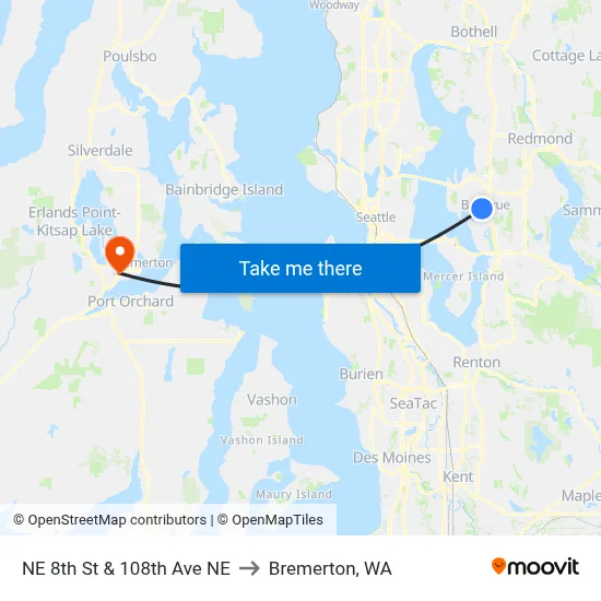 NE 8th St & 108th Ave NE to Bremerton, WA map