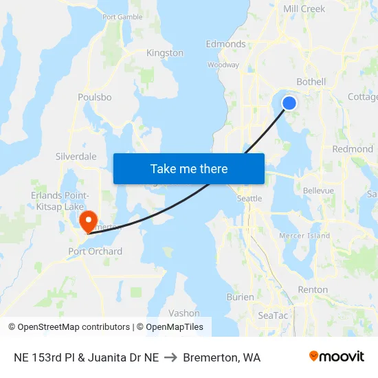 NE 153rd Pl & Juanita Dr NE to Bremerton, WA map