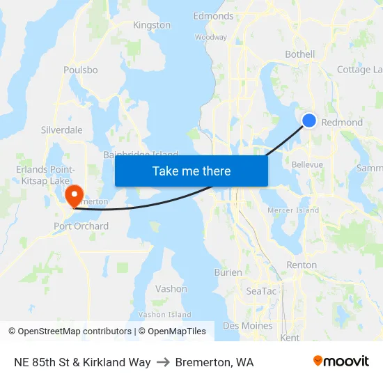 NE 85th St & Kirkland Way to Bremerton, WA map