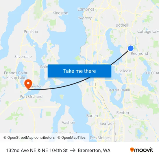 132nd Ave NE & NE 104th St to Bremerton, WA map