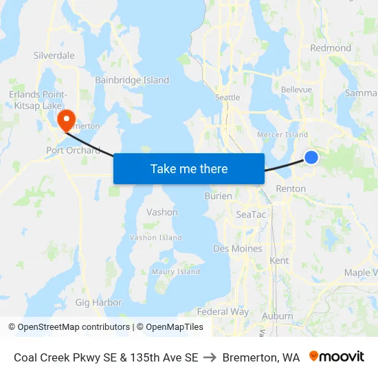 Coal Creek Pkwy SE & 135th Ave SE to Bremerton, WA map