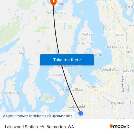 Lakewood Station to Bremerton, WA map
