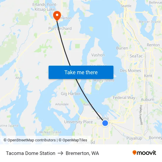 Tacoma Dome Station to Bremerton, WA map