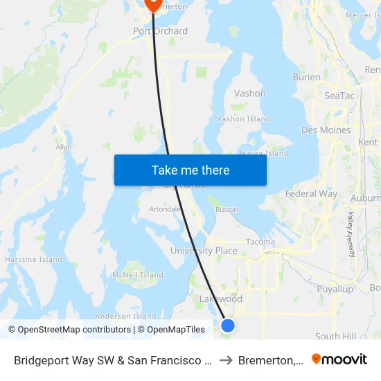 Bridgeport Way SW & San Francisco Ave SW to Bremerton, WA map