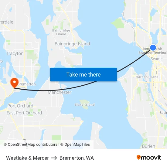 Westlake & Mercer to Bremerton, WA map