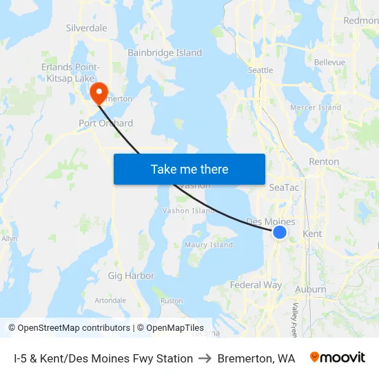 I-5 & Kent/Des Moines Fwy Station to Bremerton, WA map