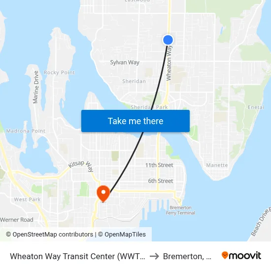 Wheaton Way Transit Center (WWTC) to Bremerton, WA map