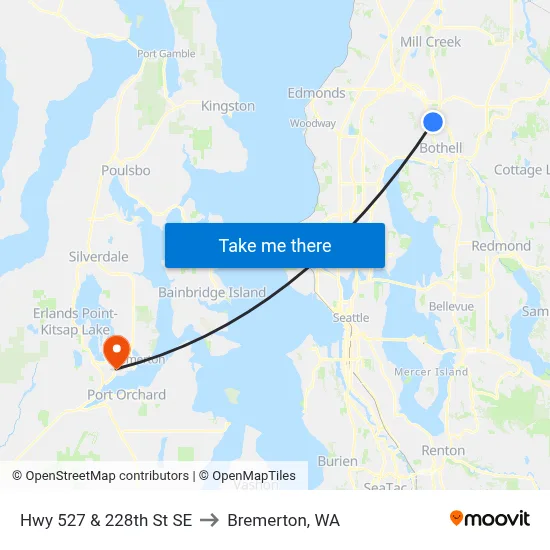 Hwy 527 & 228th St SE to Bremerton, WA map