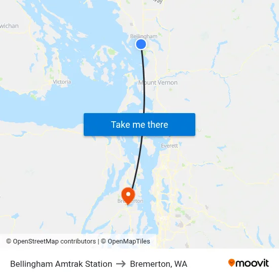 Bellingham Amtrak Station to Bremerton, WA map