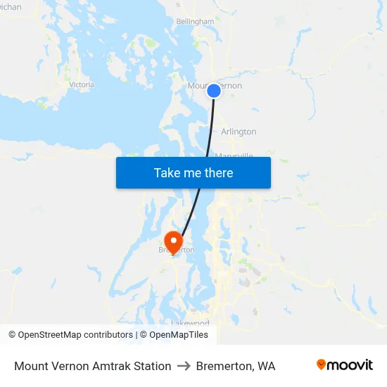Mount Vernon Amtrak Station to Bremerton, WA map