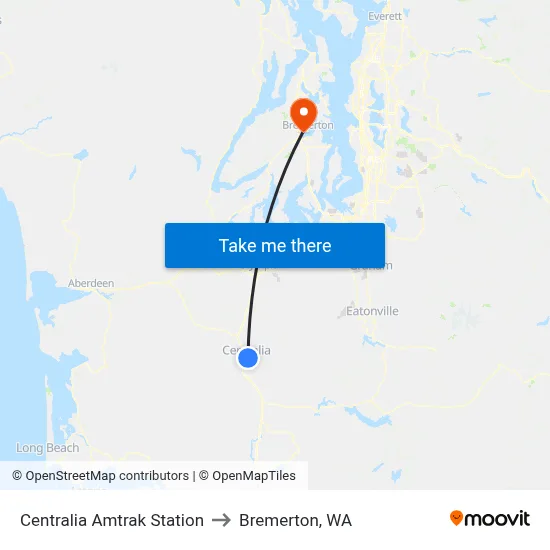 Centralia Amtrak Station to Bremerton, WA map
