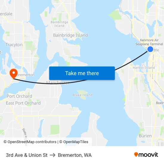 3rd Ave & Union St to Bremerton, WA map