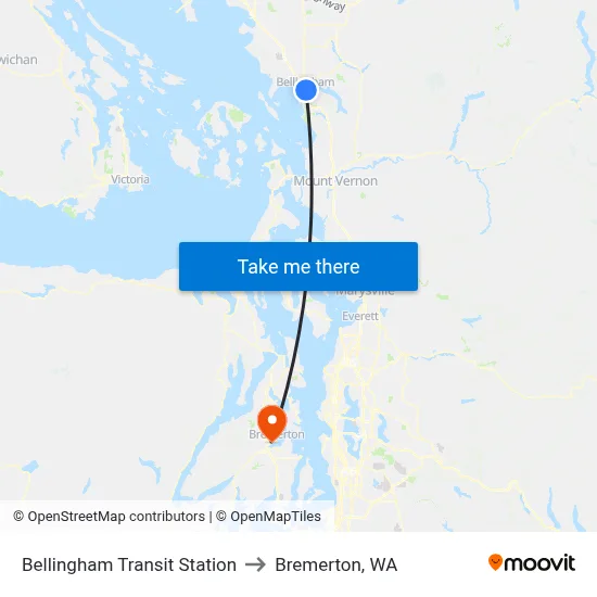 Bellingham Transit Station to Bremerton, WA map