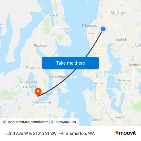 52nd Ave W & 212th St SW to Bremerton, WA map