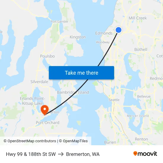 Hwy 99 & 188th St SW to Bremerton, WA map