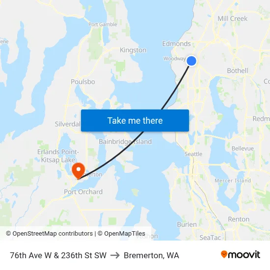 76th Ave W & 236th St SW to Bremerton, WA map