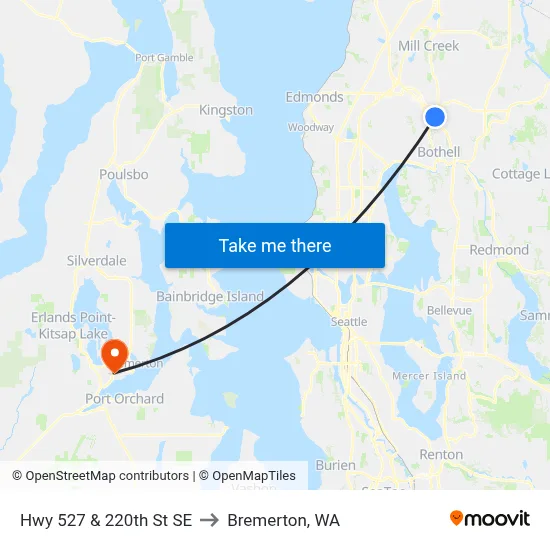 Hwy 527 & 220th St SE to Bremerton, WA map