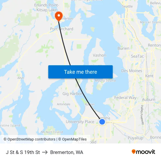 J St & S 19th St to Bremerton, WA map