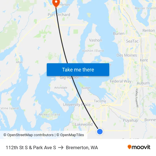 112th St S & Park Ave S to Bremerton, WA map