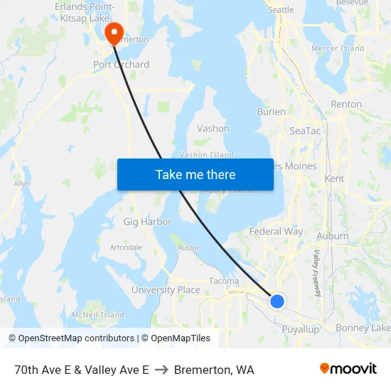 70th Ave E & Valley Ave E to Bremerton, WA map