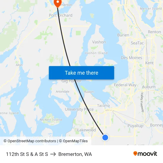112th St S & A St  S to Bremerton, WA map