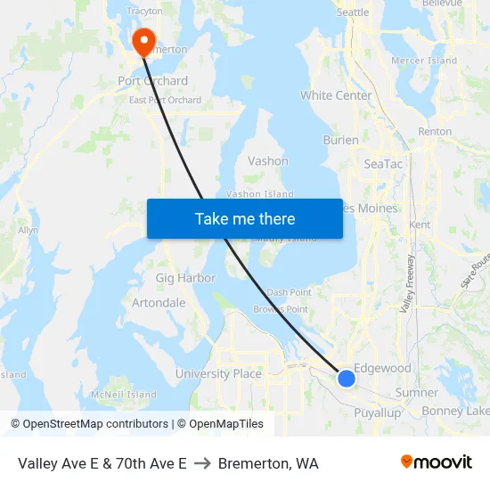 Valley Ave E & 70th Ave E to Bremerton, WA map