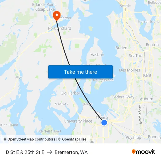 D St E & 25th St E to Bremerton, WA map