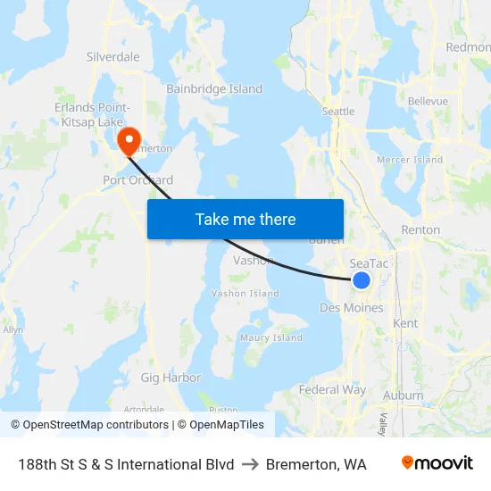 188th St S & S International Blvd to Bremerton, WA map