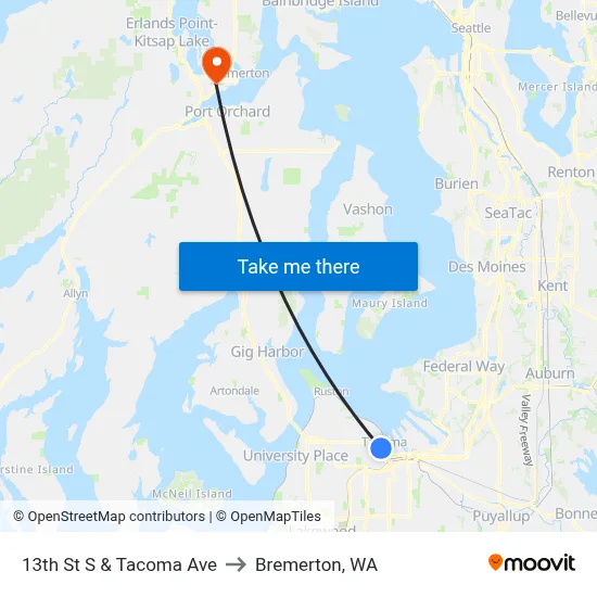 13th St S & Tacoma Ave to Bremerton, WA map