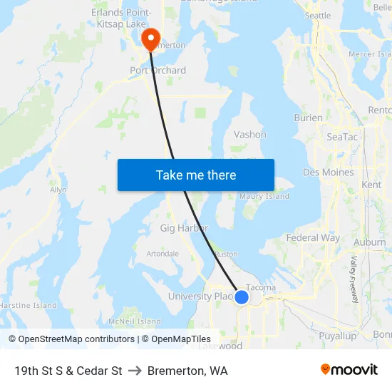 19th St S & Cedar St to Bremerton, WA map