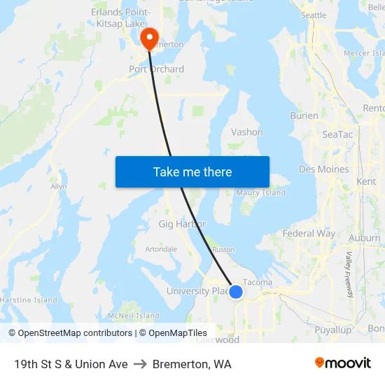 19th St S & Union Ave to Bremerton, WA map