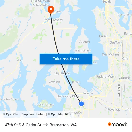 47th St S & Cedar St to Bremerton, WA map