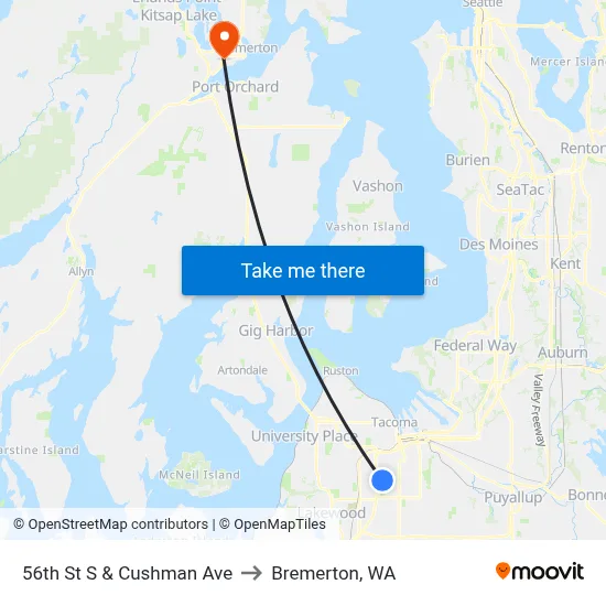 56th St S & Cushman Ave to Bremerton, WA map
