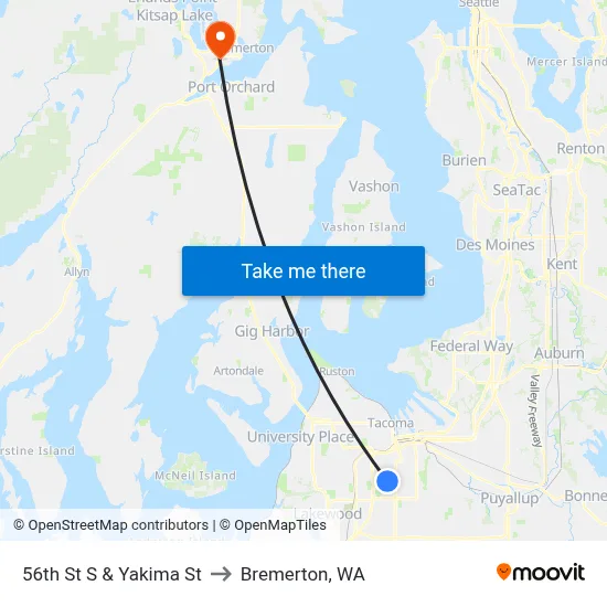56th St S & Yakima St to Bremerton, WA map
