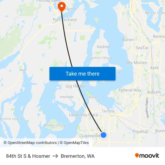 84th St S & Hosmer to Bremerton, WA map