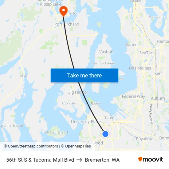 56th St S & Tacoma Mall Blvd to Bremerton, WA map