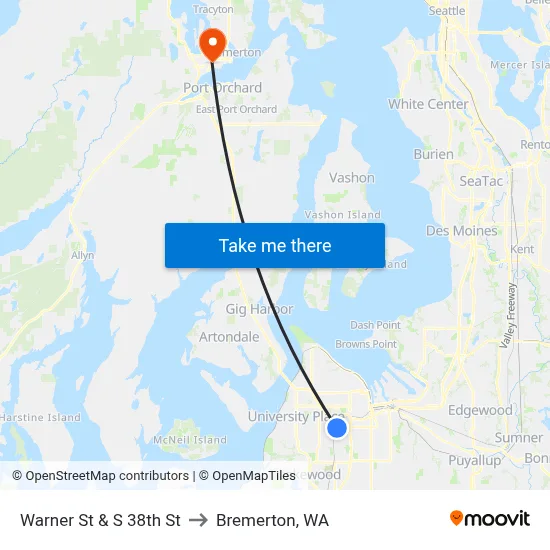 Warner St & S 38th St to Bremerton, WA map
