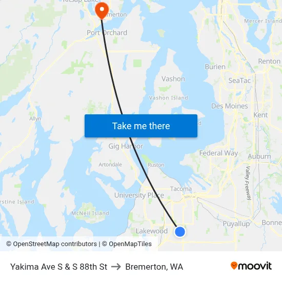 Yakima Ave S & S 88th St to Bremerton, WA map