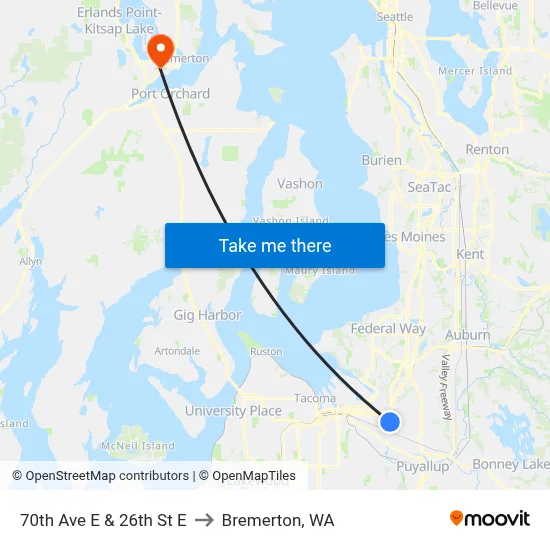 70th Ave E & 26th St E to Bremerton, WA map