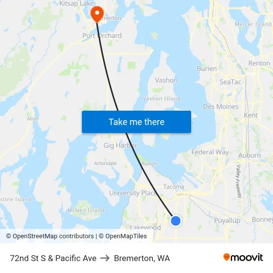 72nd St S & Pacific Ave to Bremerton, WA map