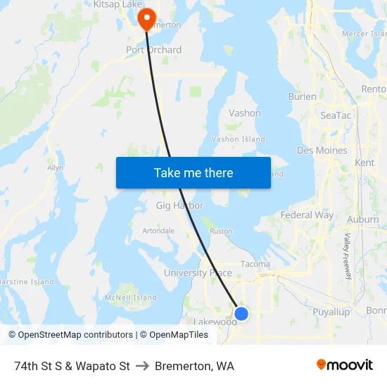 74th St S & Wapato St to Bremerton, WA map
