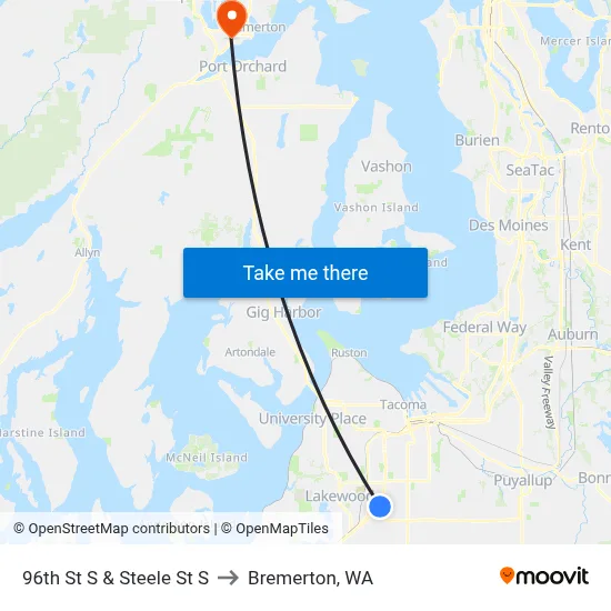96th St S & Steele St S to Bremerton, WA map