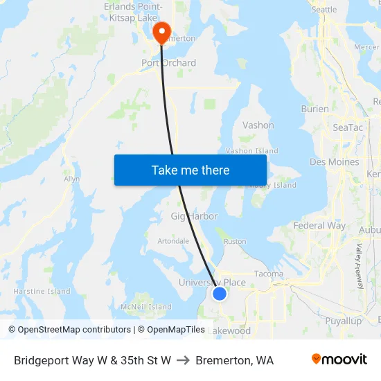 Bridgeport Way W & 35th St W to Bremerton, WA map