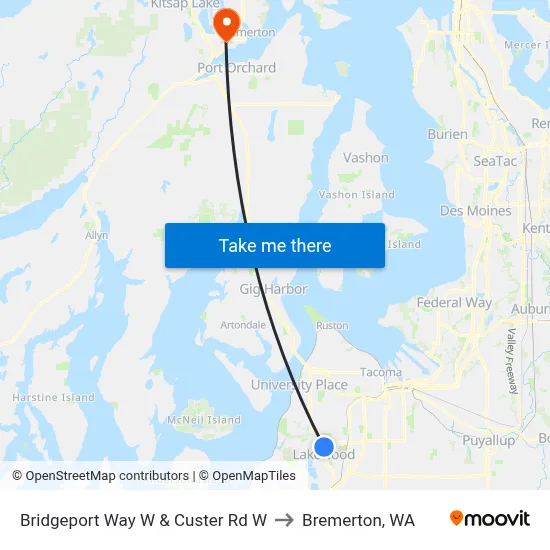 Bridgeport Way W & Custer Rd W to Bremerton, WA map