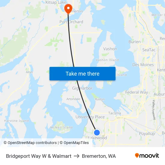 Bridgeport Way W & Walmart to Bremerton, WA map