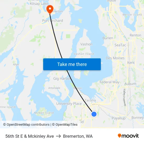 56th St E & Mckinley Ave to Bremerton, WA map